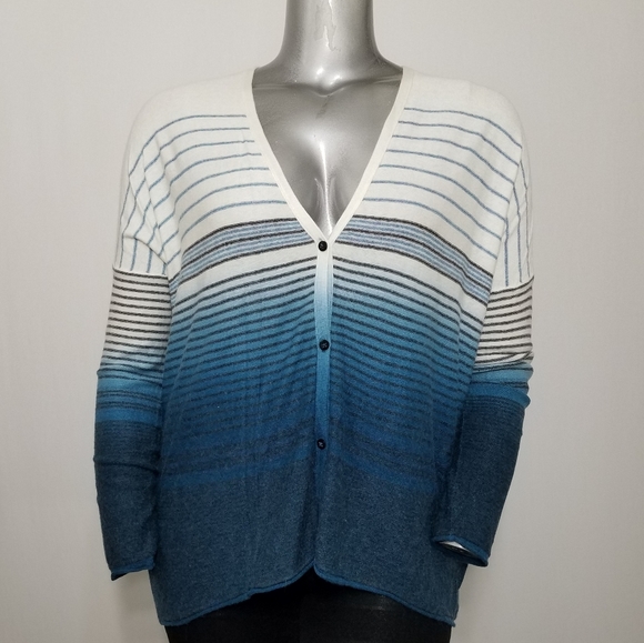 Left On Houston Cardigan Oversized Small Vneck Button Dolman Teal Stripe Knit - Picture 8 of 11